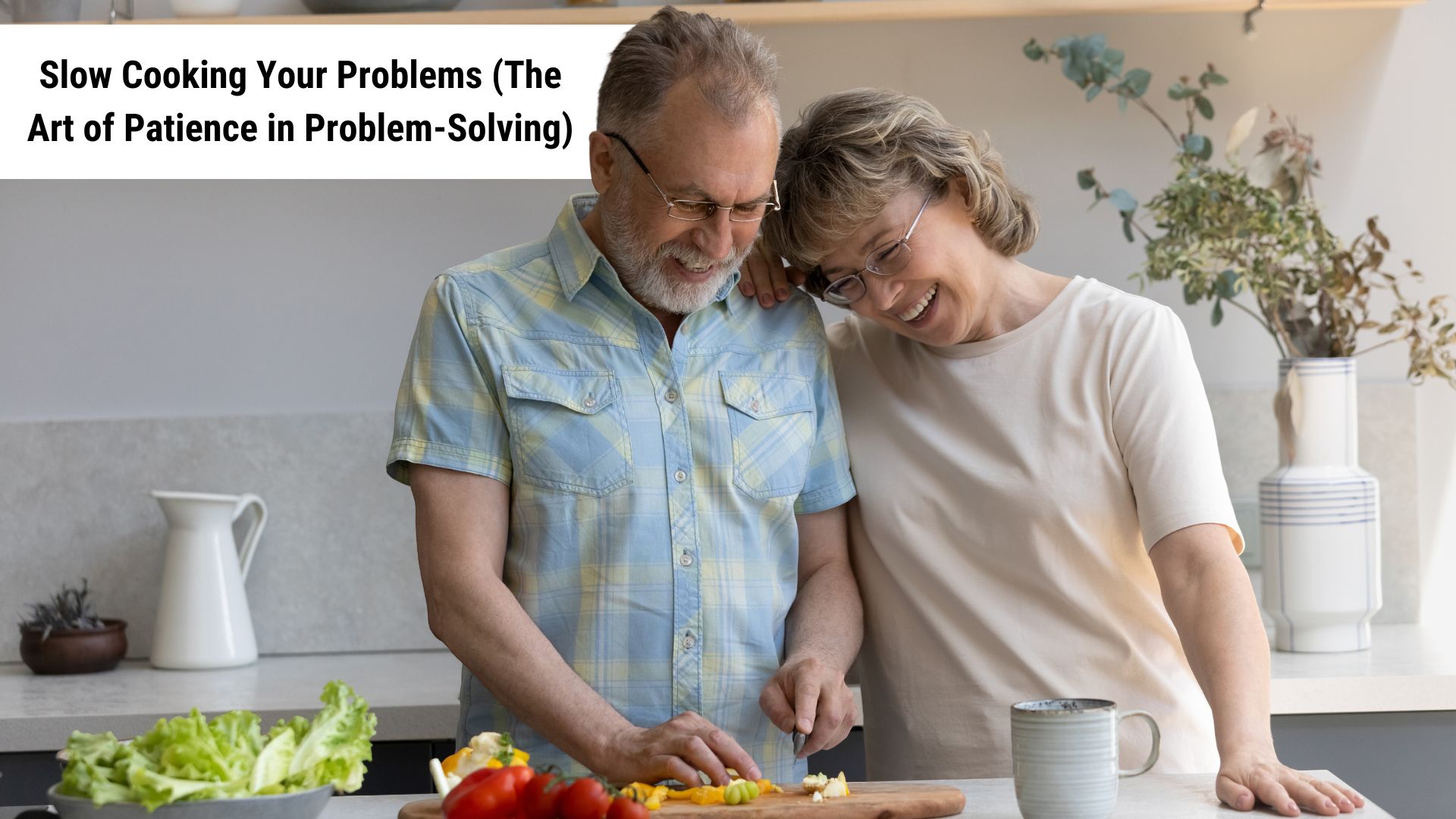 mature couple chopping vegetables in the kitchen